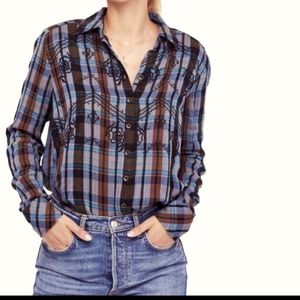 Free People Magical Plaid Buttondown Shirt Boho Western Oversized Size XS